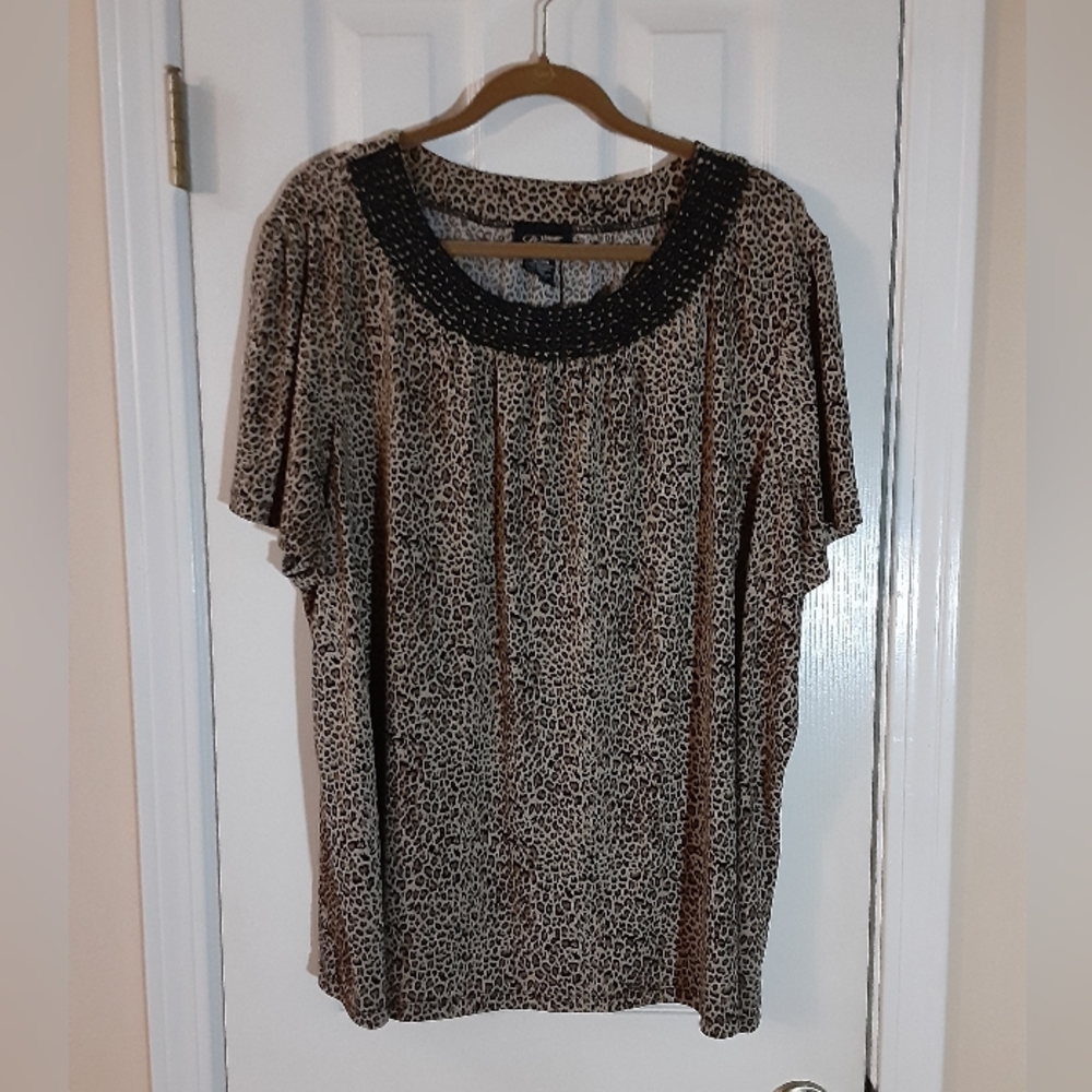 3x/ Size 26/28 Liz & Me Platinum Collection Animal Print Blouse w/ Crochet Trim